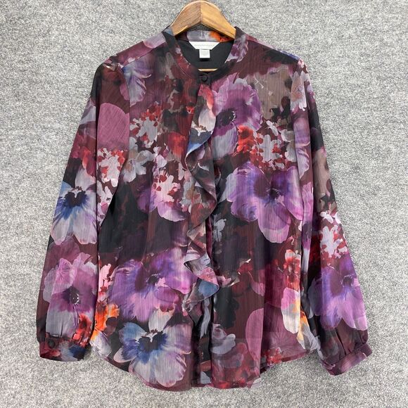 CJ Tops - Christopher & Banks Blouse Women M Medium Purple Floral Crew Neck Long Sleeve
